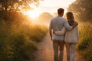 Couple walking together on a peaceful path symbolizing healing from trauma and addiction through couples rehab and recovery support
